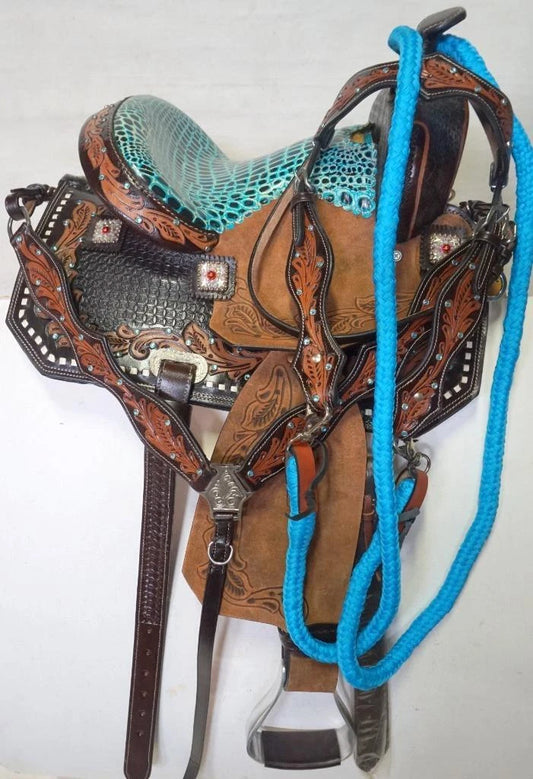 12" Pony Dark w/Teal Gator Western Barrel show Trail Youth Saddle 4pc- Pony HSBP
