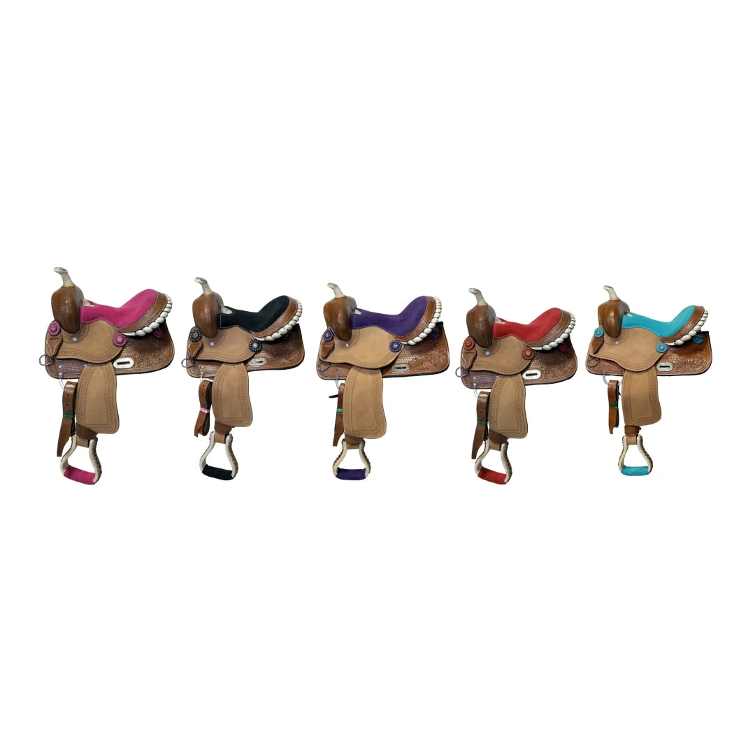 Western Mini Pony Youth Leather Saddle with Color Suede Seat