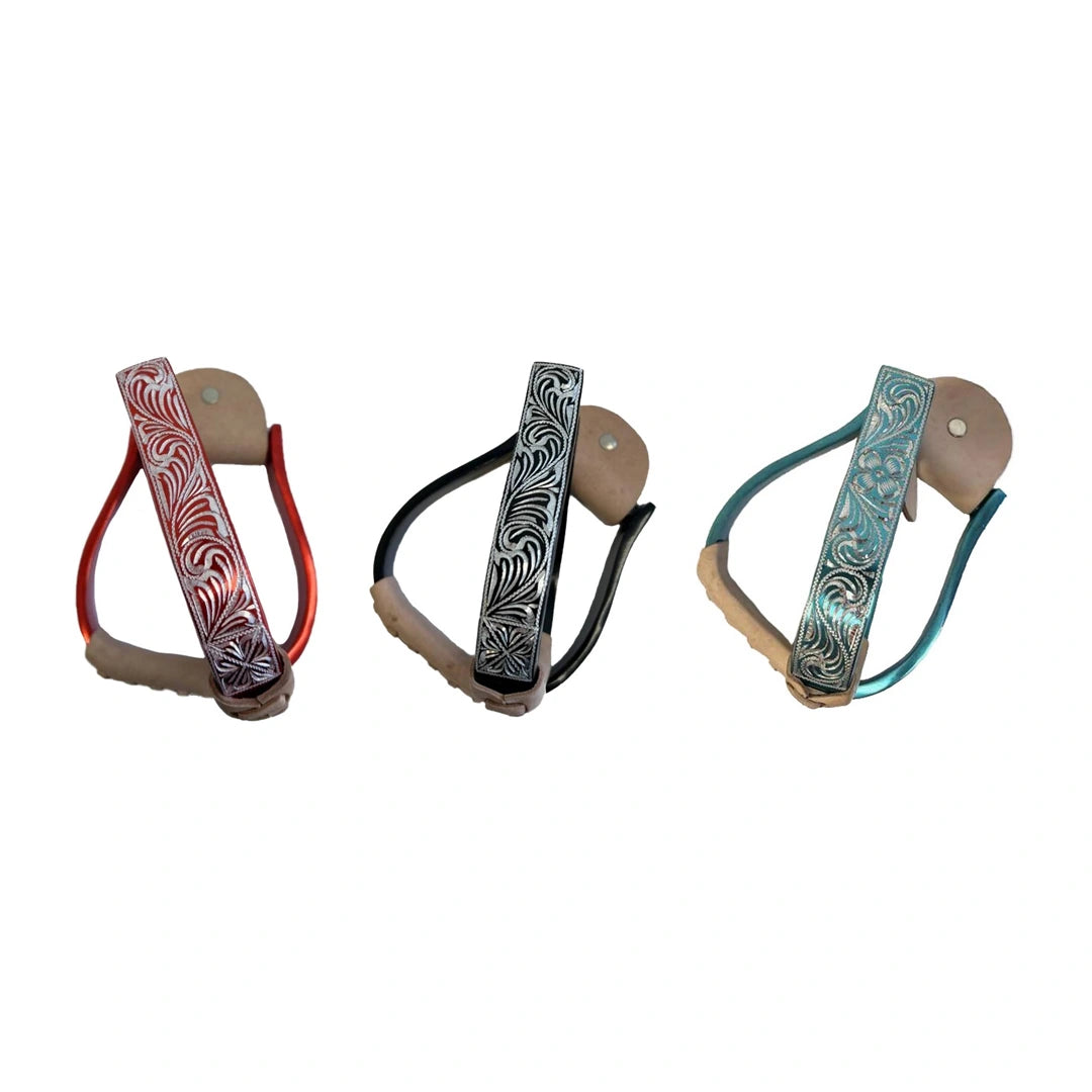 Pony/Youth Color Coated Aluminum Stirrup with Engraved Design with Light Leather Tread