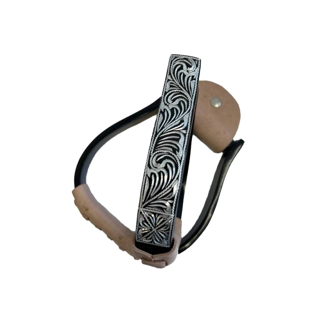 Pony/Youth Color Coated Aluminum Stirrup with Engraved Design with Light Leather Tread