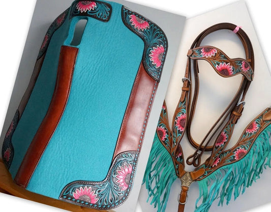 Show Felt Pad TEAL Tooled Painted Floral 27"x28" Option Headstall Bp Fringe Full