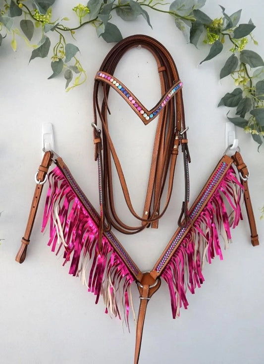 Tan Lthr Rainbow crystal V-Brow Headstall Metallic Fringe Breastplate Full/ Pony