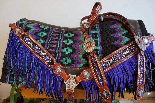 Western Show Saddle Pad 28x30 Black Teal Purple Navajo Fringe Headstall BP Combo