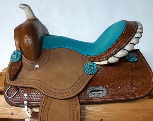12" Barrel Trail Show Saddle TEAL Seat Option for Headstall BP PONY Size
